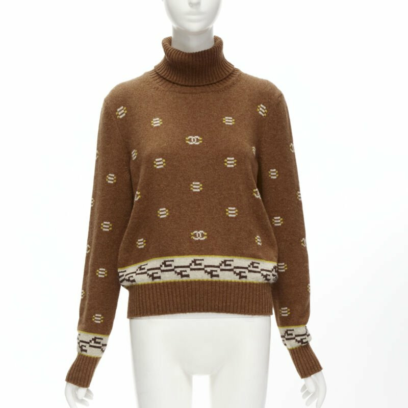 CHANEL 95% cashmere brown yellow CC logo intarsia turtleneck sweater FR42 XL-0