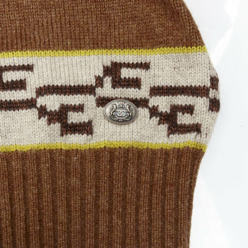 CHANEL 95% cashmere brown yellow CC logo intarsia turtleneck sweater FR42 XL-1