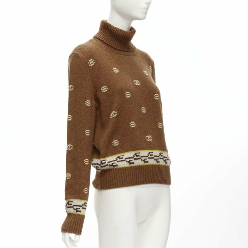 CHANEL 95% cashmere brown yellow CC logo intarsia turtleneck sweater FR42 XL-2