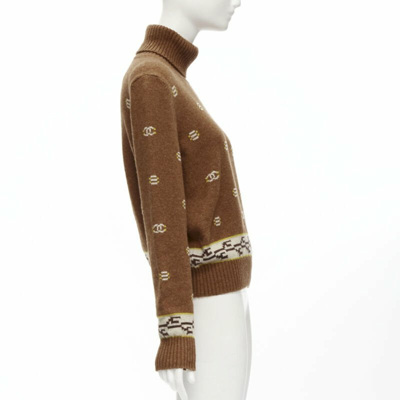 CHANEL 95% cashmere brown yellow CC logo intarsia turtleneck sweater FR42 XL-3
