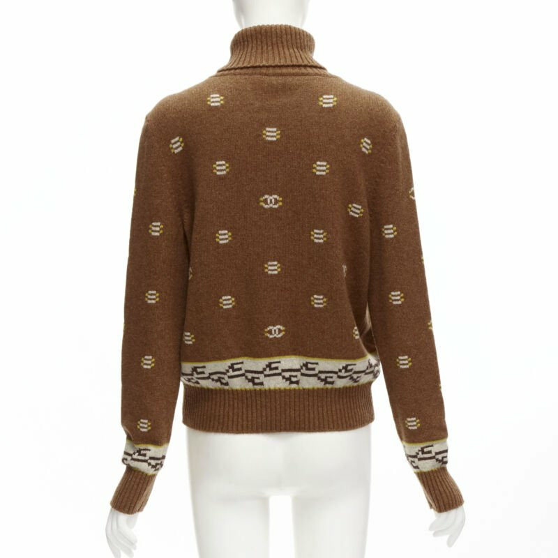 CHANEL 95% cashmere brown yellow CC logo intarsia turtleneck sweater FR42 XL-4