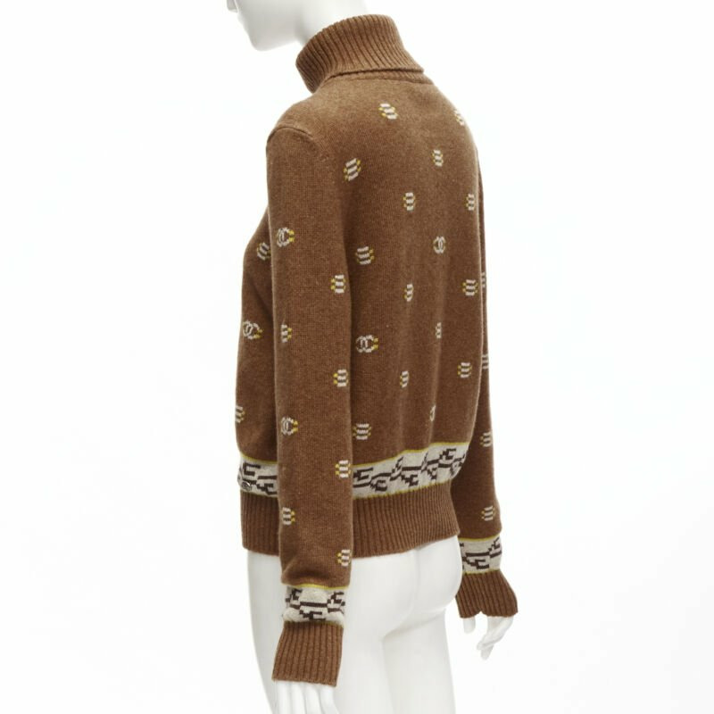 CHANEL 95% cashmere brown yellow CC logo intarsia turtleneck sweater FR42 XL-5
