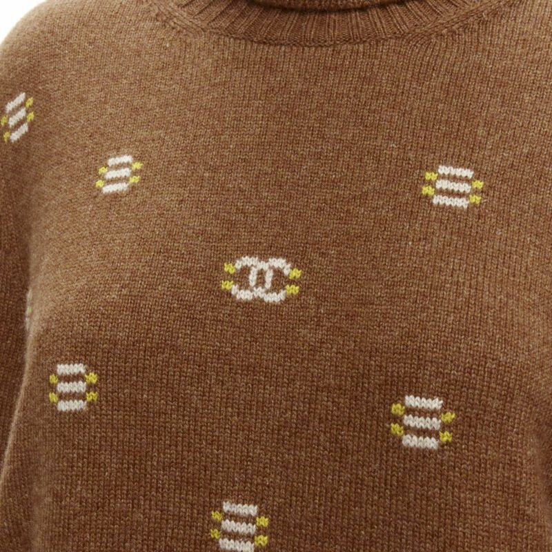 CHANEL 95% cashmere brown yellow CC logo intarsia turtleneck sweater FR42 XL-6