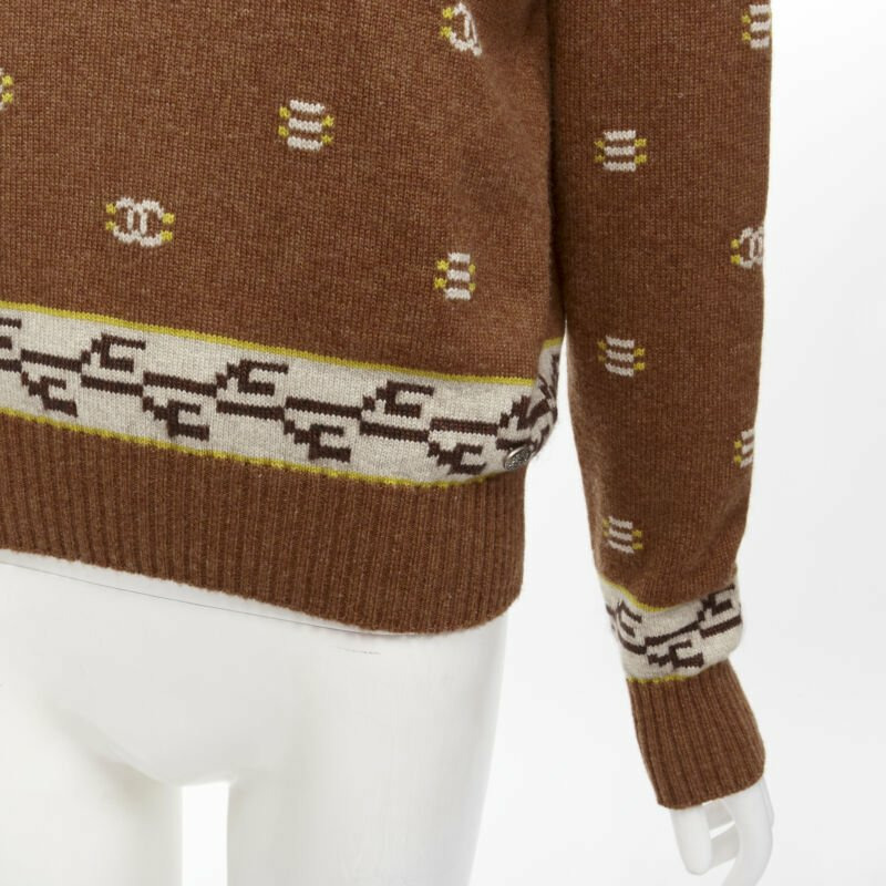 CHANEL 95% cashmere brown yellow CC logo intarsia turtleneck sweater FR42 XL-7