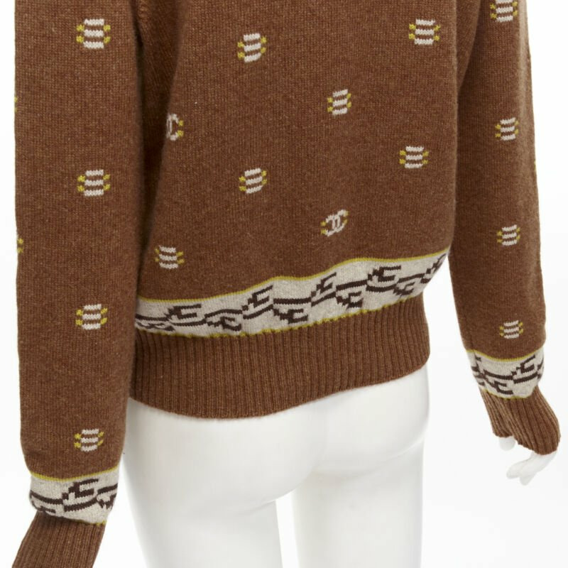 CHANEL 95% cashmere brown yellow CC logo intarsia turtleneck sweater FR42 XL-8