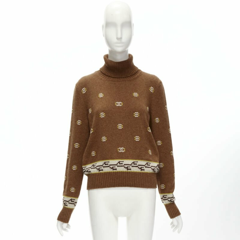 CHANEL 95% cashmere brown yellow CC logo intarsia turtleneck sweater FR42 XL-10