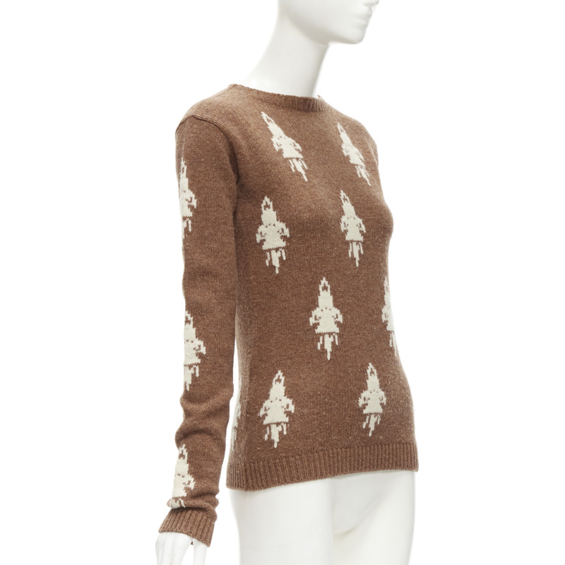 PRADA 2015 100% shetland wool brown rocket intarsia sweater IT36 XXS-2