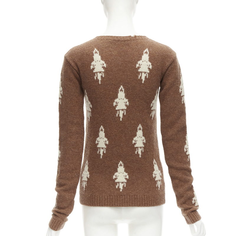 PRADA 2015 100% shetland wool brown rocket intarsia sweater IT36 XXS-5