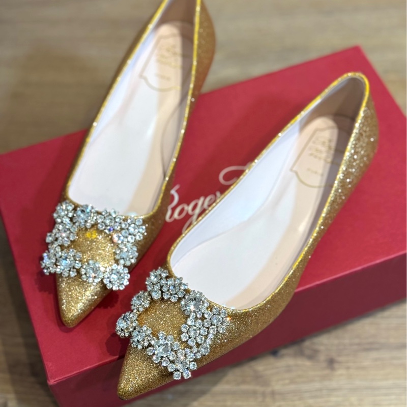 Roger Vivier RV Flower Strass系列 黃 花鑽 閃耀 亮片 尖頭平底鞋 平底鞋-0