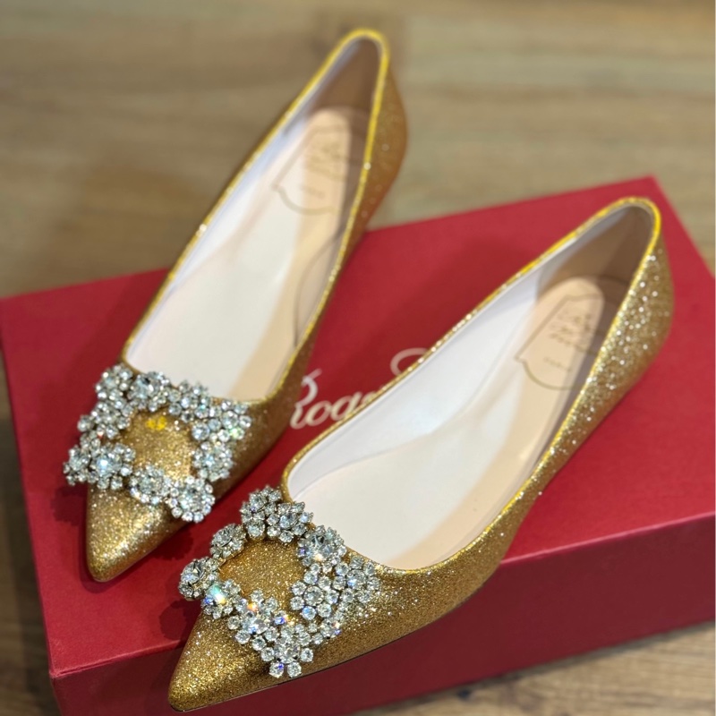 Roger Vivier RV Flower Strass系列 黃 花鑽 閃耀 亮片 尖頭平底鞋 平底鞋-1