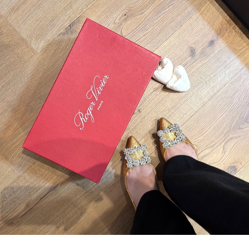 Roger Vivier RV Flower Strass系列 黃 花鑽 閃耀 亮片 尖頭平底鞋 平底鞋-2