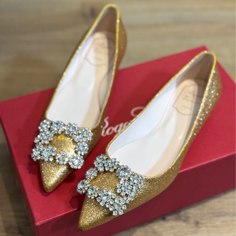 Roger Vivier RV Flower Strass系列 黃 花鑽 閃耀 亮片 尖頭平底鞋 平底鞋-4