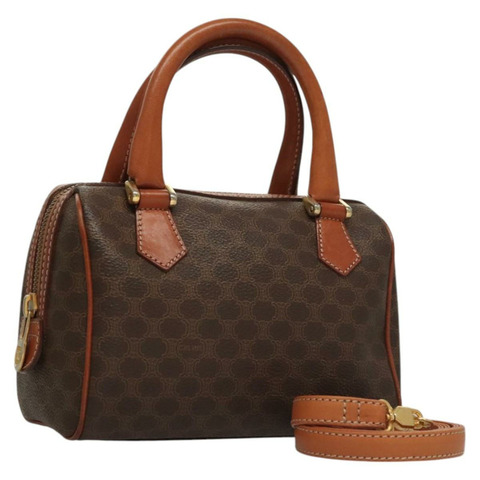 CELINE Macadam 帆布迷你手提包 PVC 皮革 2 向棕色金色正品 117340M