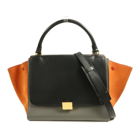 CELINE 牛皮皮革Trapeze Medium金扣手挽肩背兩用袋灰色/橙色
