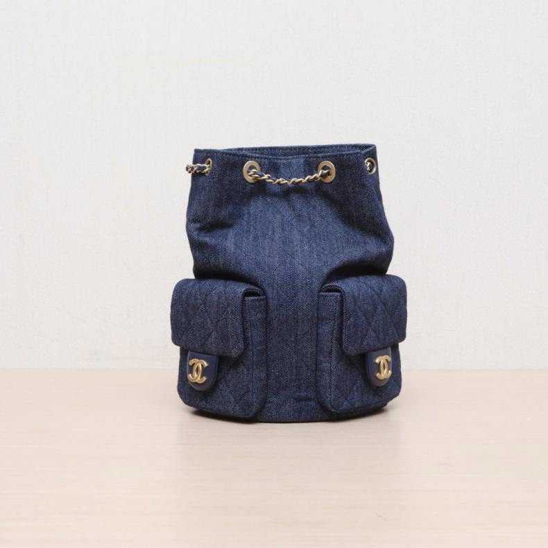 CHANEL(香奈兒) 牛仔藍 牛仔 晶片開 金扣 25C早春 抽繩 雙肩包藍-0
