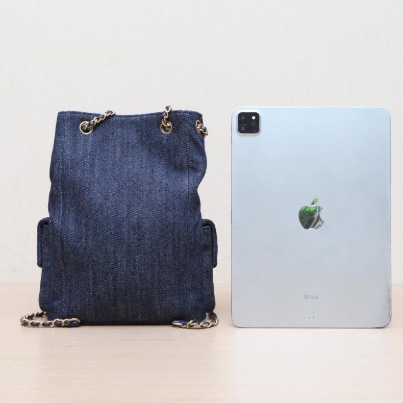 CHANEL(香奈兒) 牛仔藍 牛仔 晶片開 金扣 25C早春 抽繩 雙肩包藍-2