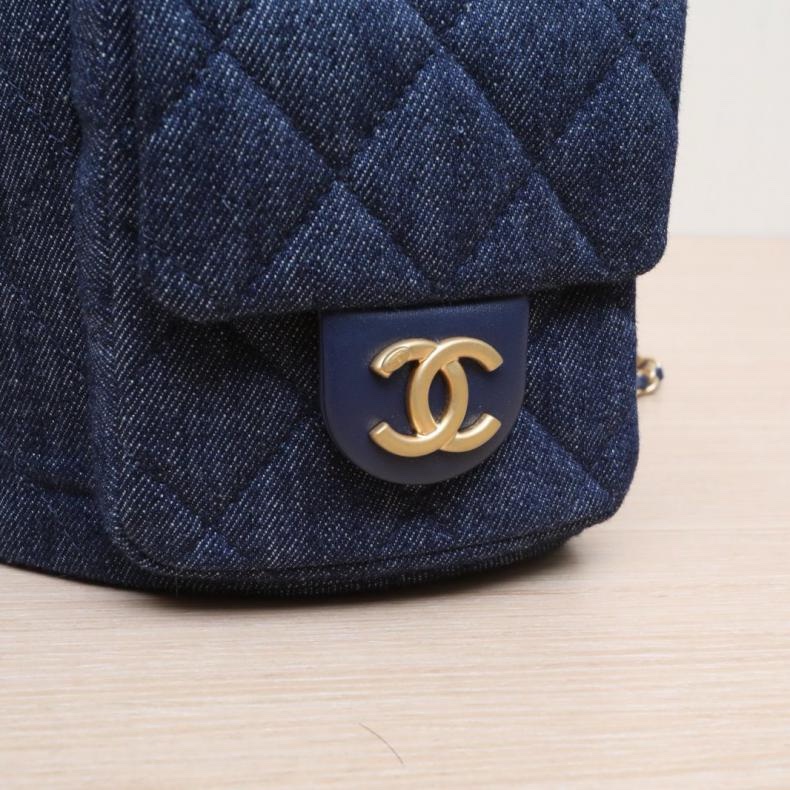 CHANEL(香奈兒) 牛仔藍 牛仔 晶片開 金扣 25C早春 抽繩 雙肩包藍-5