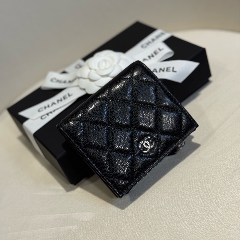 Chanel 🖤全新New黑銀短夾 -爆款💥荔枝皮革拉鍊錢包-1
