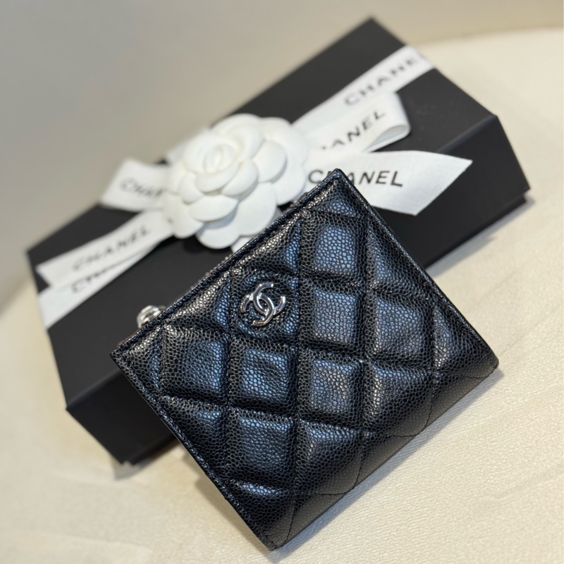Chanel 🖤全新New黑銀短夾 -爆款💥荔枝皮革拉鍊錢包-0