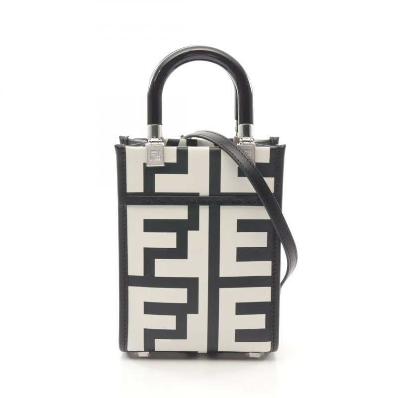 FENDI Sunshine Shopper 迷你兩用手提包 8BS051 皮革 黑色 白色 二手 女士-0
