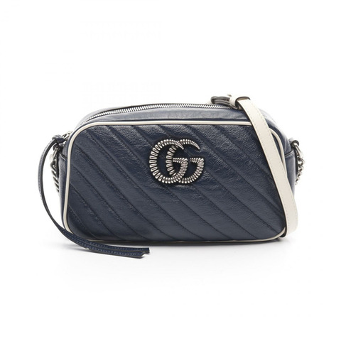 GUCCI GG Marmont 斜背包 447632 皮革 海軍藍 白色 二手 女士