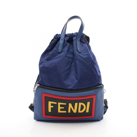 FENDI 標誌背包 背包 7VZ034 尼龍皮革 藍色 二手 男款