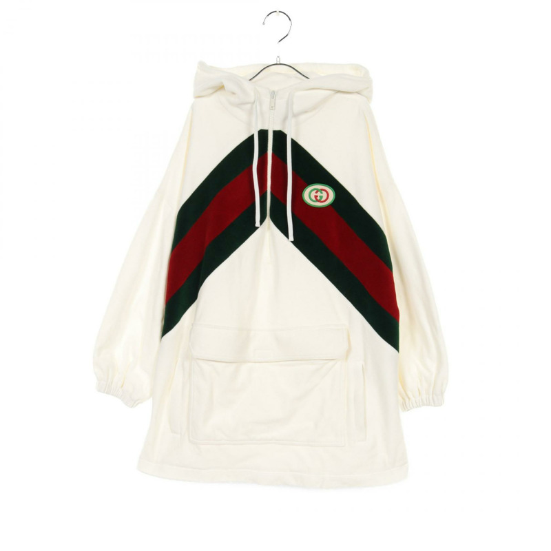 GUCCI 織帶條紋雪尼爾棉連帽洋裝 678707 尼龍白色二手女款 #M-0