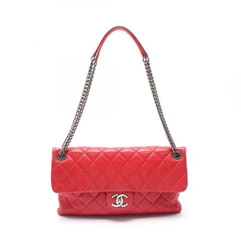 CHANEL Matelasse 單翻蓋鏈條單肩包 皮革 紅色 二手 女款 SHW CC