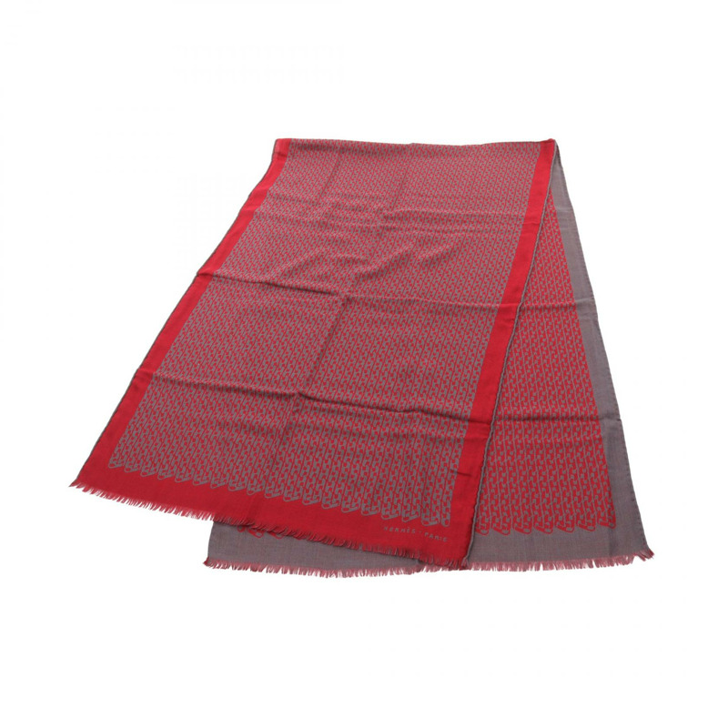 愛馬仕 H 標誌披肩圍巾，絲質羊絨混紡，灰色/紅色，二手女款-0