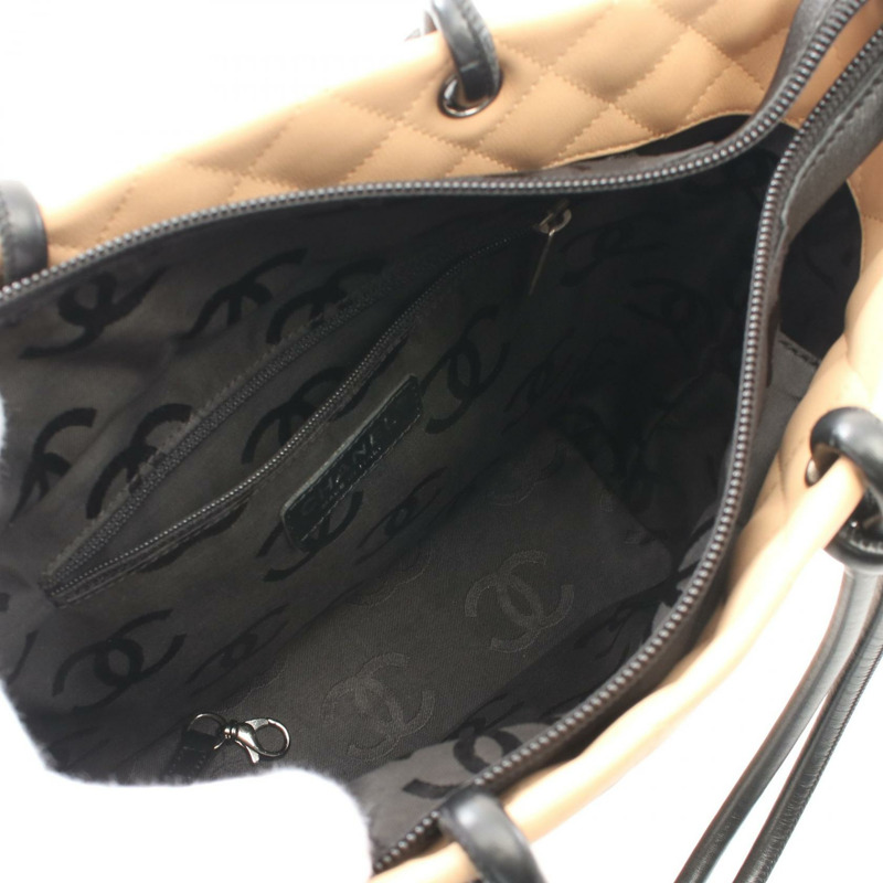 香奈兒 Cambon 系列中型托特包 A25167 皮革 米色 黑色 二手 SHW-2