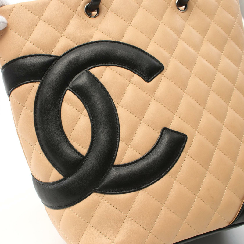 香奈兒 Cambon 系列中型托特包 A25167 皮革 米色 黑色 二手 SHW-12