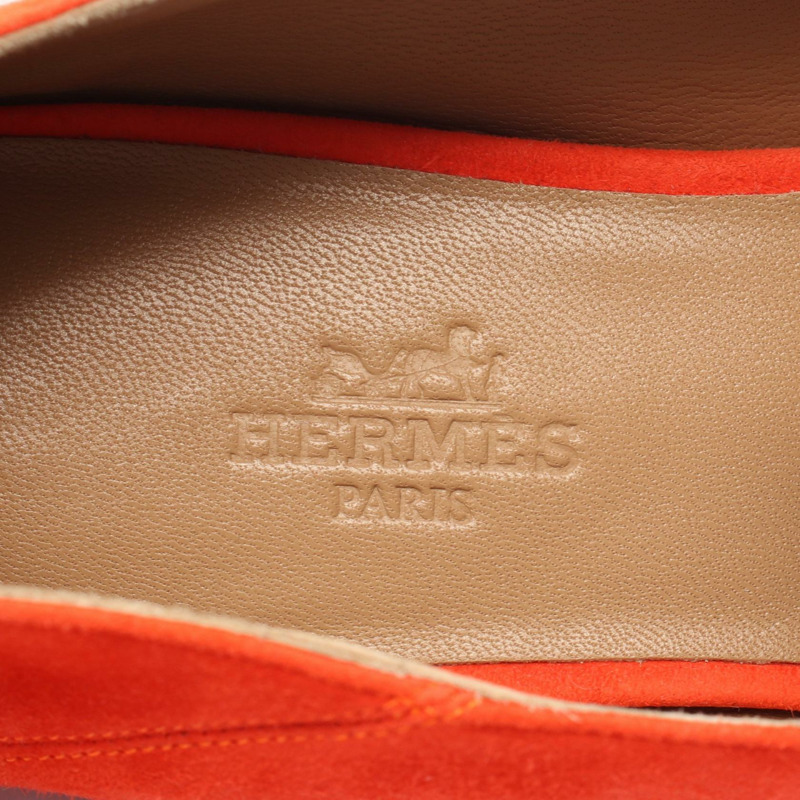 HERMES H 標誌 #37.5 平底鞋 101038Z 絨面革紅色二手-4