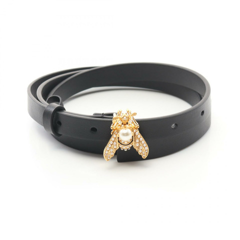 Christian Dior 蜜蜂腰帶 皮帶 皮革 鍍金 人造珍珠 黑色 二手