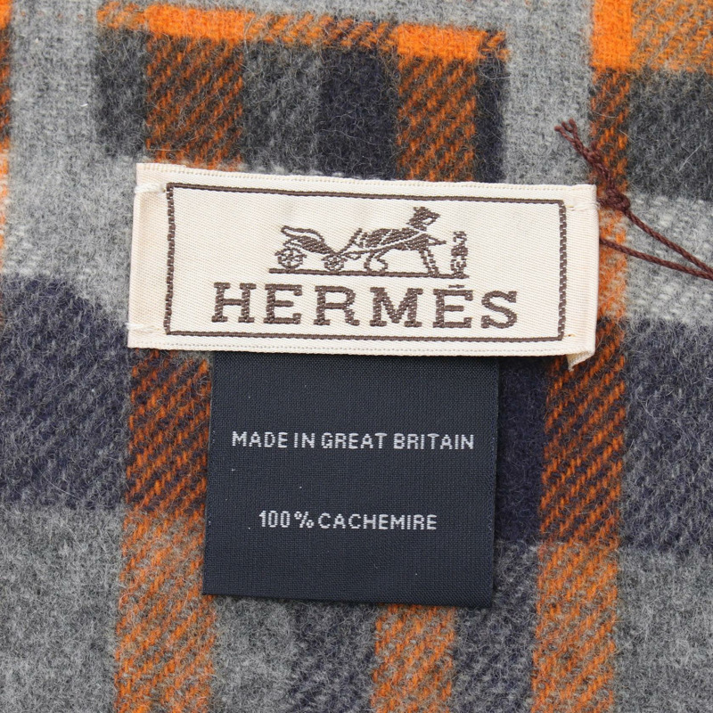 HERMES 格子呢 Maillon 圍巾羊絨灰色海軍橙色橙色二手男式-1