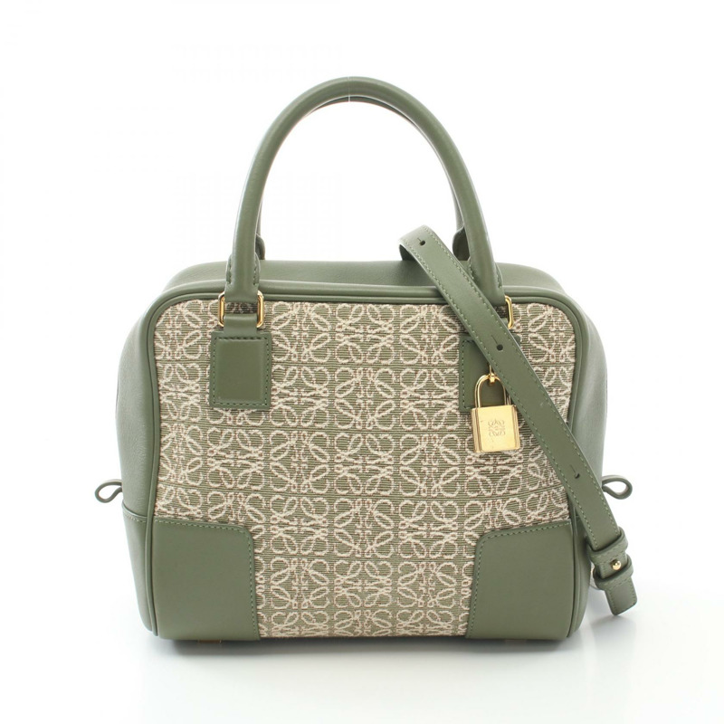 LOEWE Amazona 19 兩用手提包 A039N10X02 帆布皮革 綠色米色 二手 女士-0