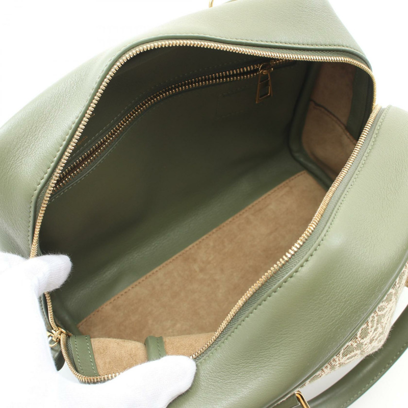 LOEWE Amazona 19 兩用手提包 A039N10X02 帆布皮革 綠色米色 二手 女士-2