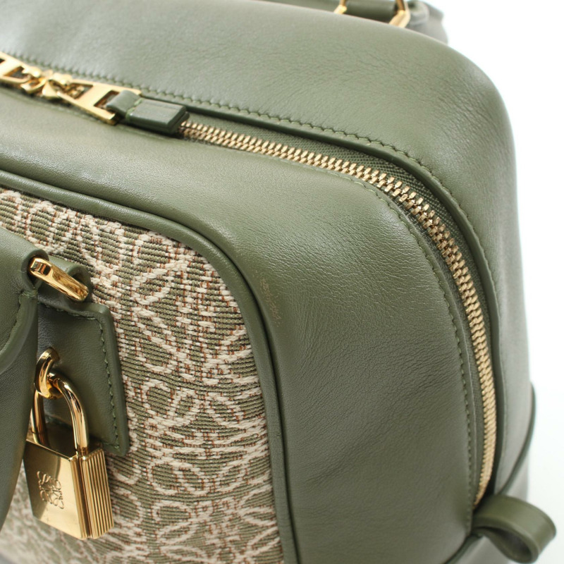 LOEWE Amazona 19 兩用手提包 A039N10X02 帆布皮革 綠色米色 二手 女士-4