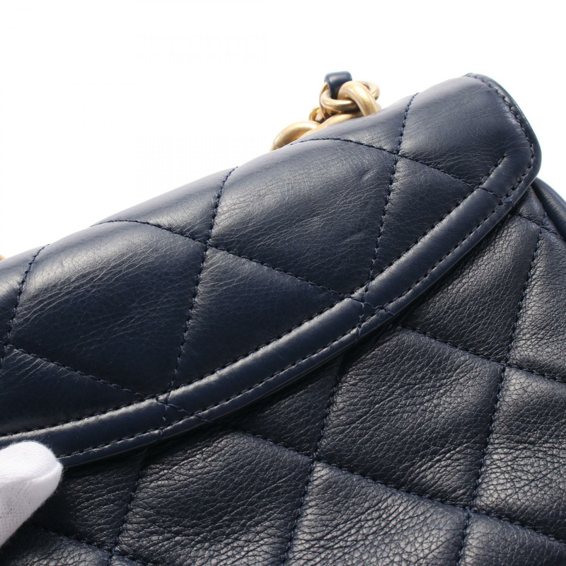 香奈兒 (CHANEL) 絎縫雙鍊肩背包 AS2721 皮革 海軍藍 二手 女士 金色五金 CC-6