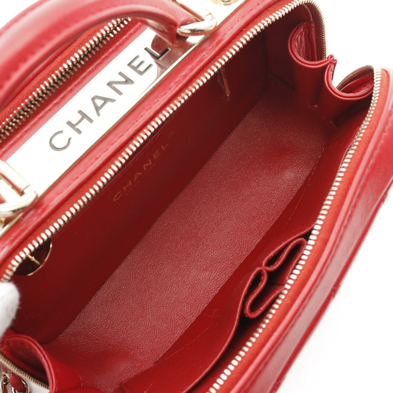 CHANEL Trendy CC 頂部手柄 2way 肩包 羔羊皮 紅色 二手 GHW-2