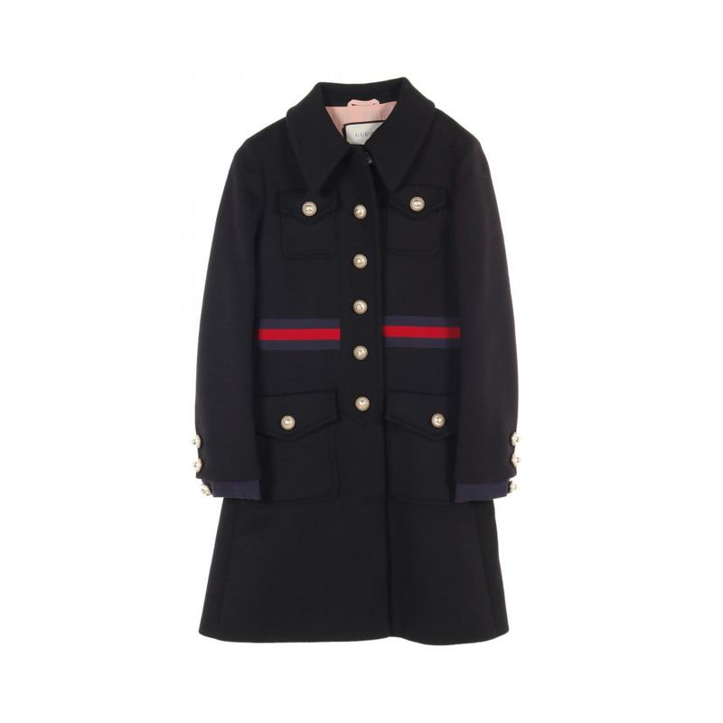 GUCCI 羅緞織帶領結，搭配珍珠紐扣，其他款式外套 448610 羊毛 黑色 二手 女款-0