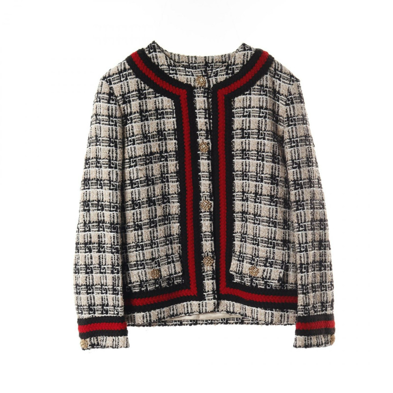 GUCCI 方形 G 格紋 無色外套 652255 羊毛棉 米色海軍藍紅色二手女款-0