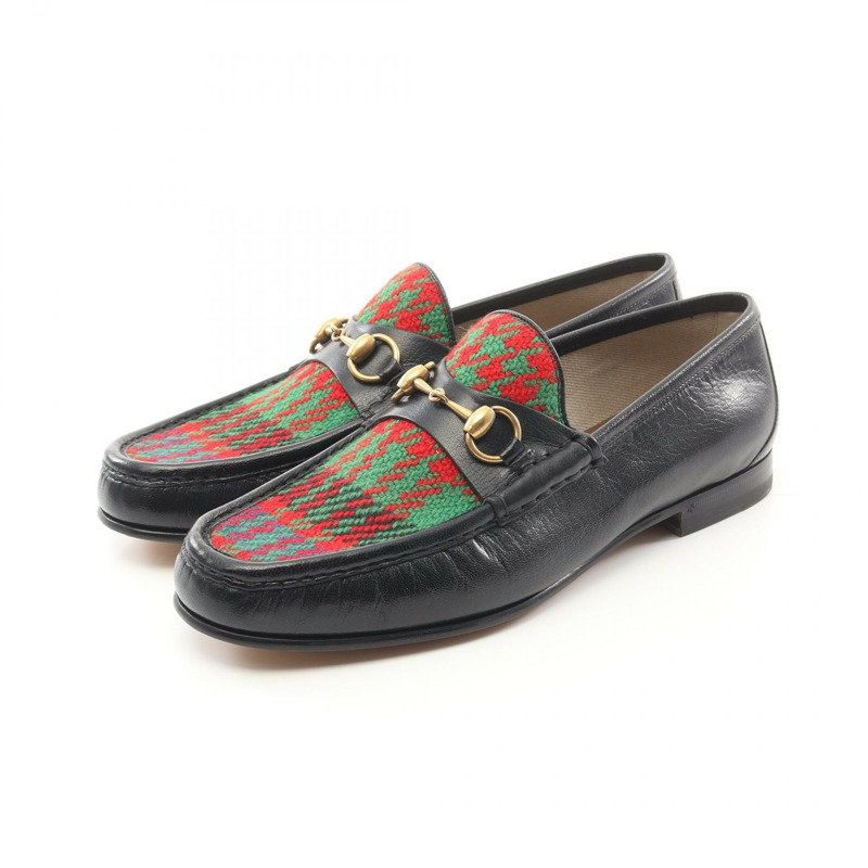 GUCCI 馬銜扣樂福鞋 皮革布料 黑色 綠色 多色 二手 男士-0