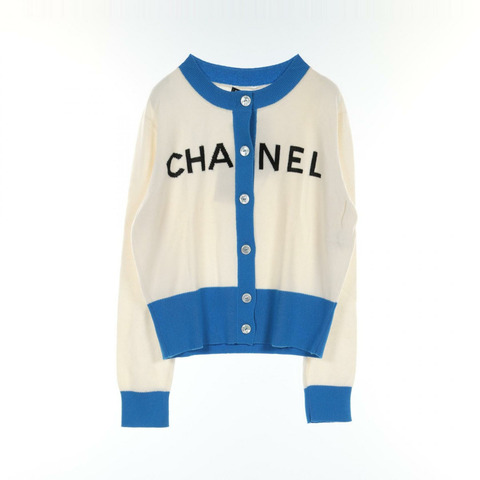 CHANEL 標誌開襟衫針織衫 P61427K46799 羊絨白藍色二手女款 #42