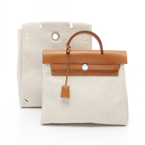 HERMES Herbag add PM 背包 背包 Toile H Toile H / Vache 皮革 Hunter 米色 棕色 二手 女款