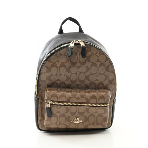 COACH Charlie 中型簽名背包 F32200 PVC 塗層帆布皮革米色黑色二手女款