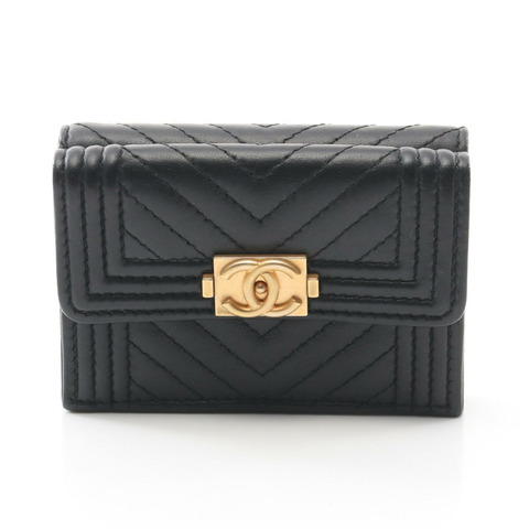 CHANEL Boy chanel 三折皮夾 A84432 羔羊皮 黑 二手 女款 GHW