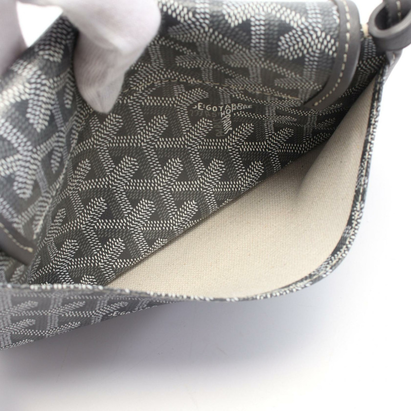 GOYARD 羽狀袋皮夾單肩斜背包帆布皮革灰色白色二手-4