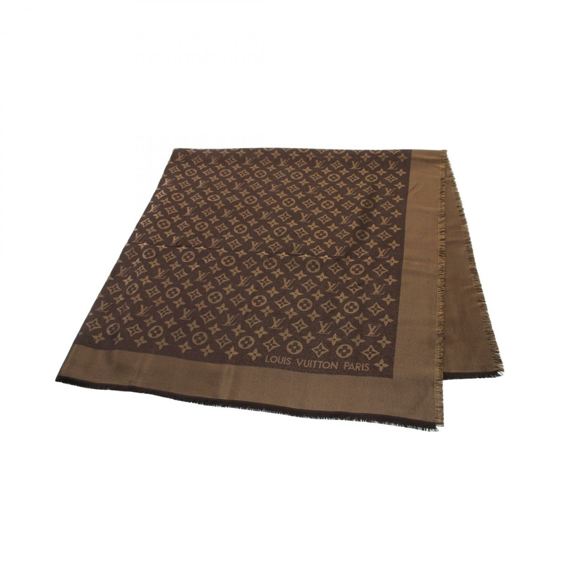 LOUIS VUITTON 披肩 Monogram Shine Marron Stall M75122 絲綢羊毛棕色金色二手女士-0