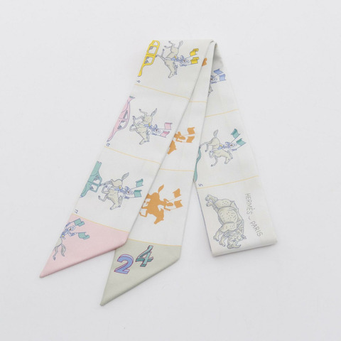 HERMES Twilly 愛馬仕 Parade 圍巾 絲綢 灰色 多色 二手 女款