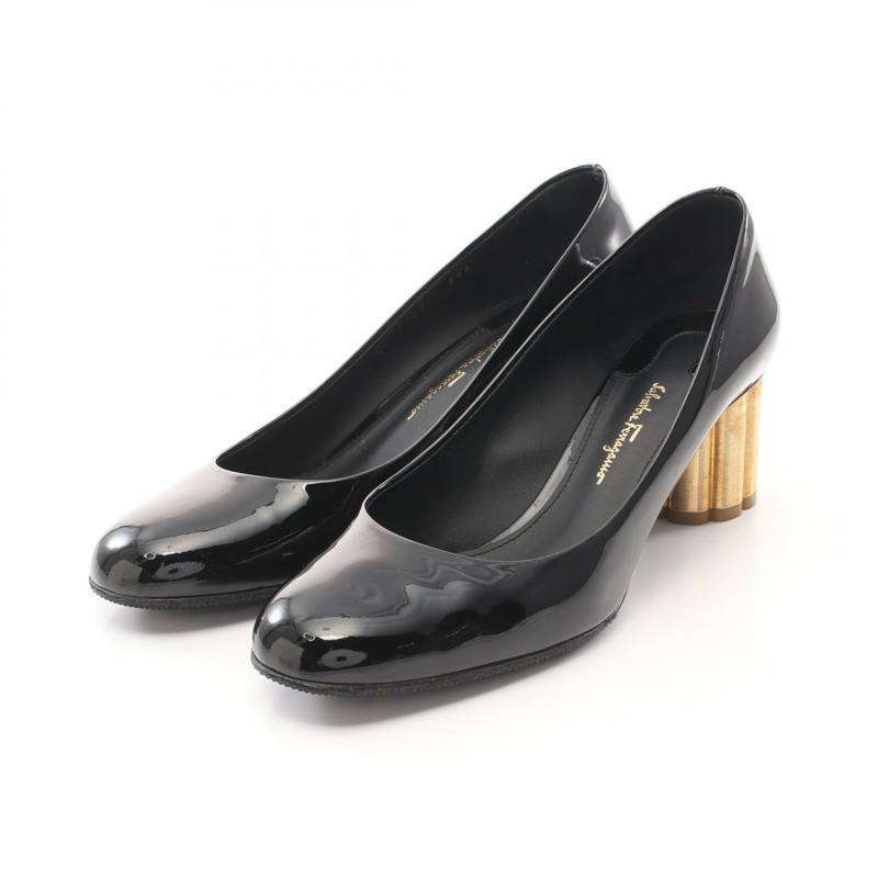 Salvatore Ferragamo 女用高跟鞋 漆皮 黑色 金色 二手-0
